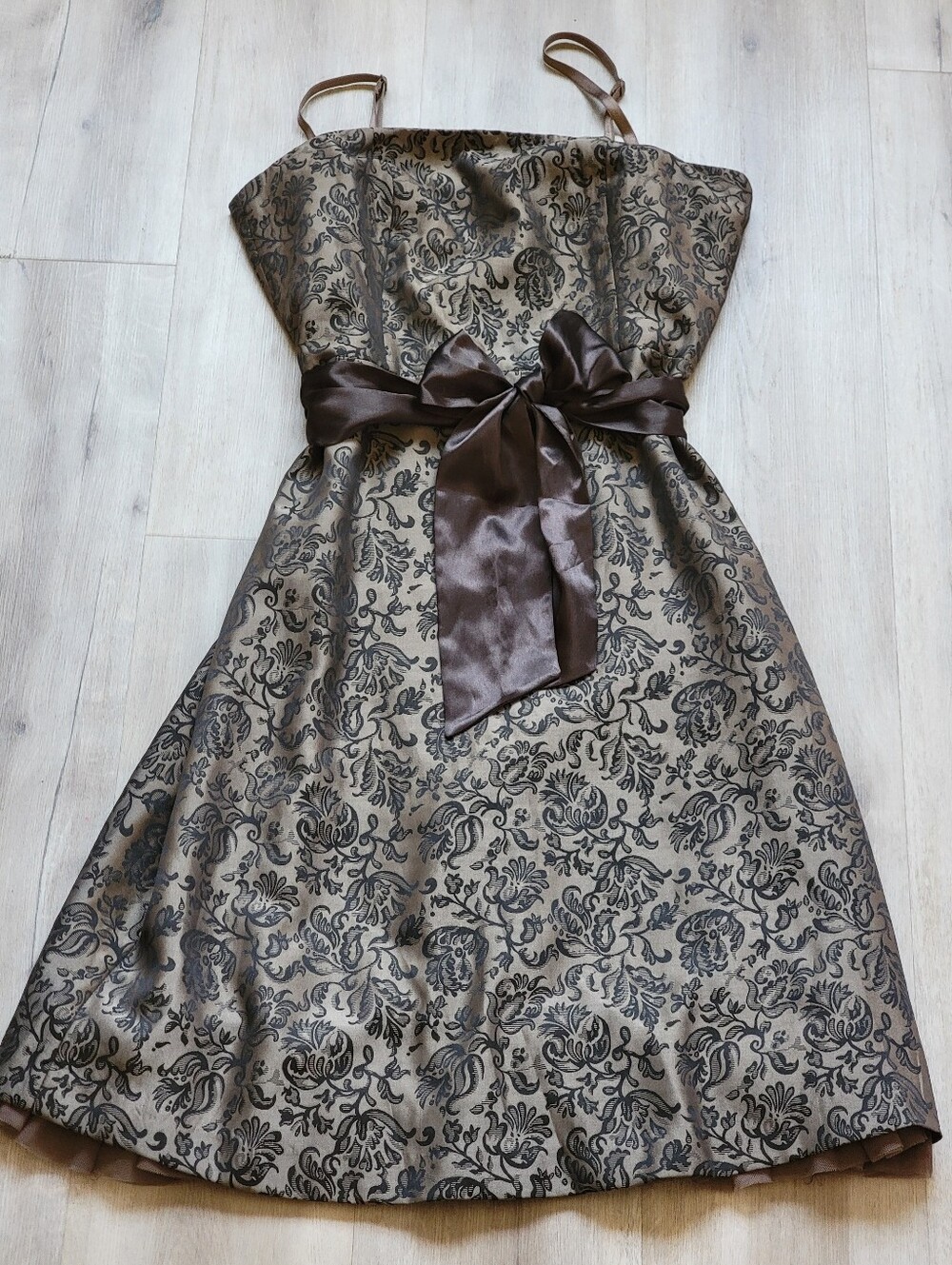 Strapless RW & Co. Brocade A-Line Party Dress with Satin Bow - Taupe